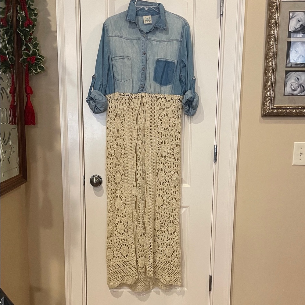 Jaded Gypsy Blue Denim and Cream Crochet Maxi Dress